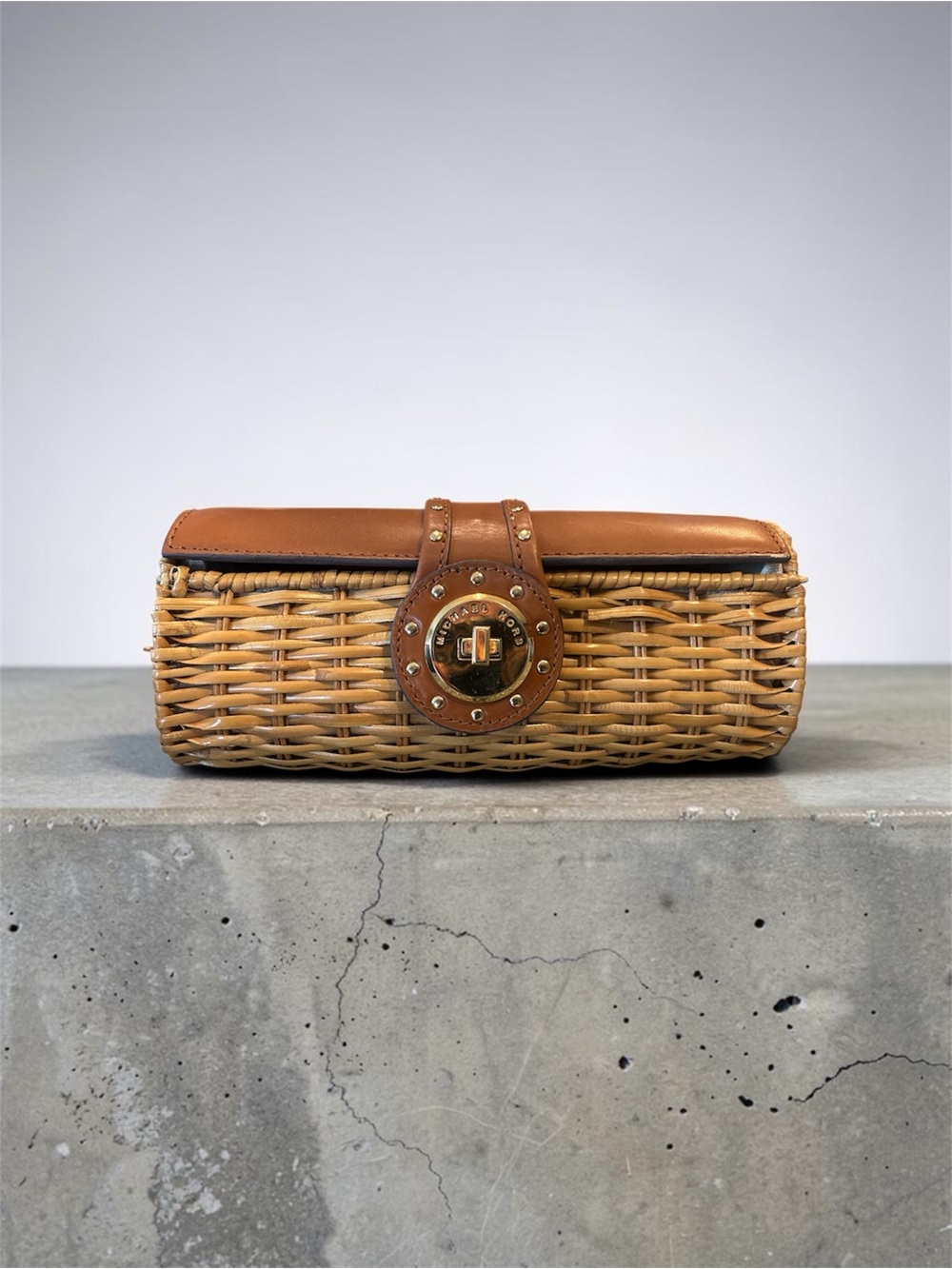 Michael Kors Wicker Clutch with Brown Leather Trim and Gold Hardware